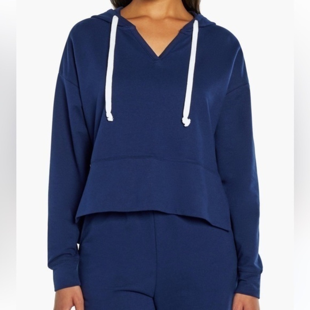 Three Dots Crop French Terry Drawstring Super Soft Hoodie  MEDIEVAL BLUE NWT